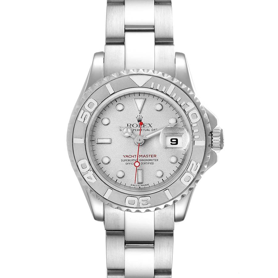 This is a front view of the Rolex Yacht-Master 169622 Women's Stainless Steel Silver Dial 169622 Women's Stainless Steel Silver Dial watch showing the face, bezel, crown, and part of the bracelet.