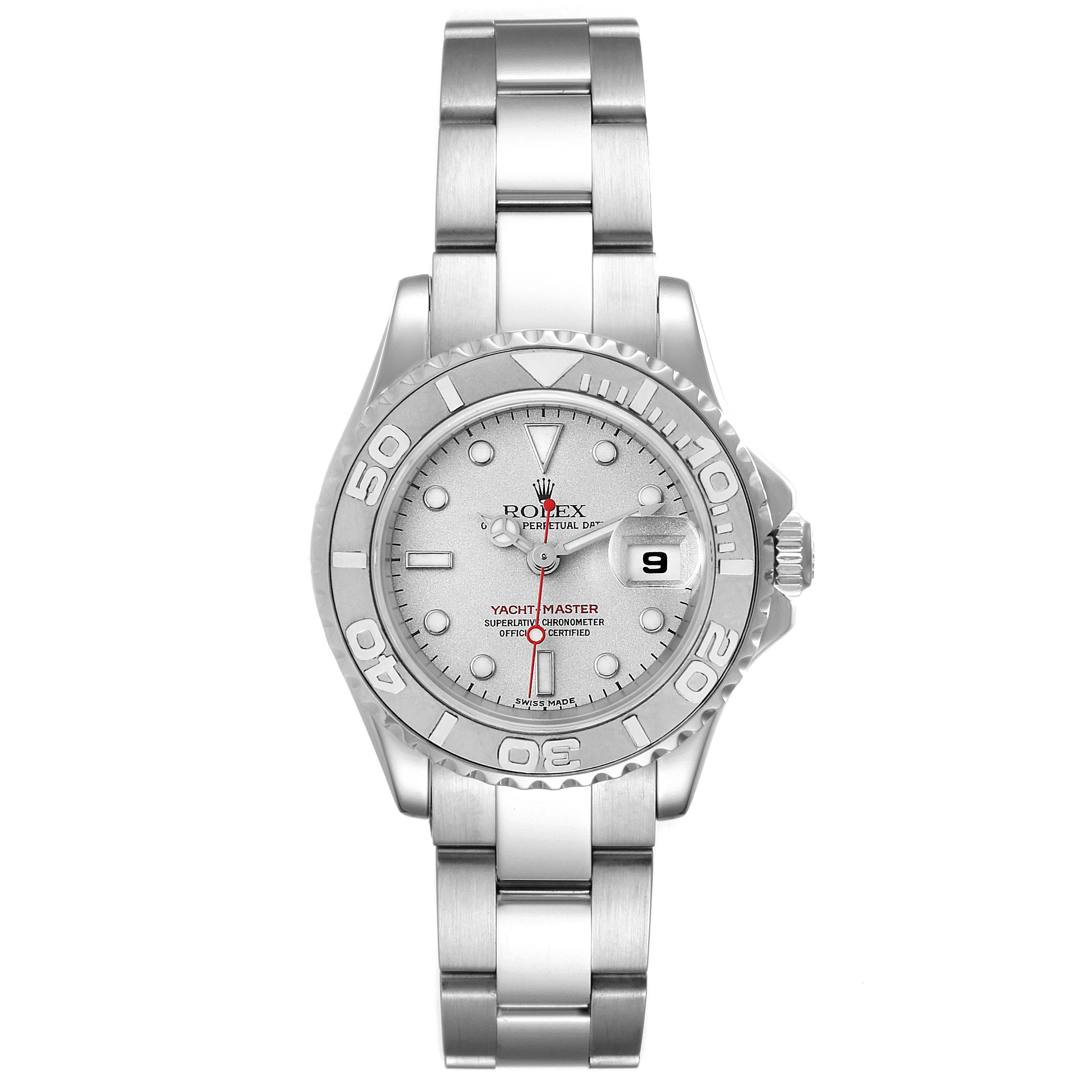 This image shows a front view of a Rolex Yacht-Master 169622 Women's Stainless Steel Silver Dial 169622 Women's Stainless Steel Silver Dial watch, highlighting the face, bezel, and metal bracelet.