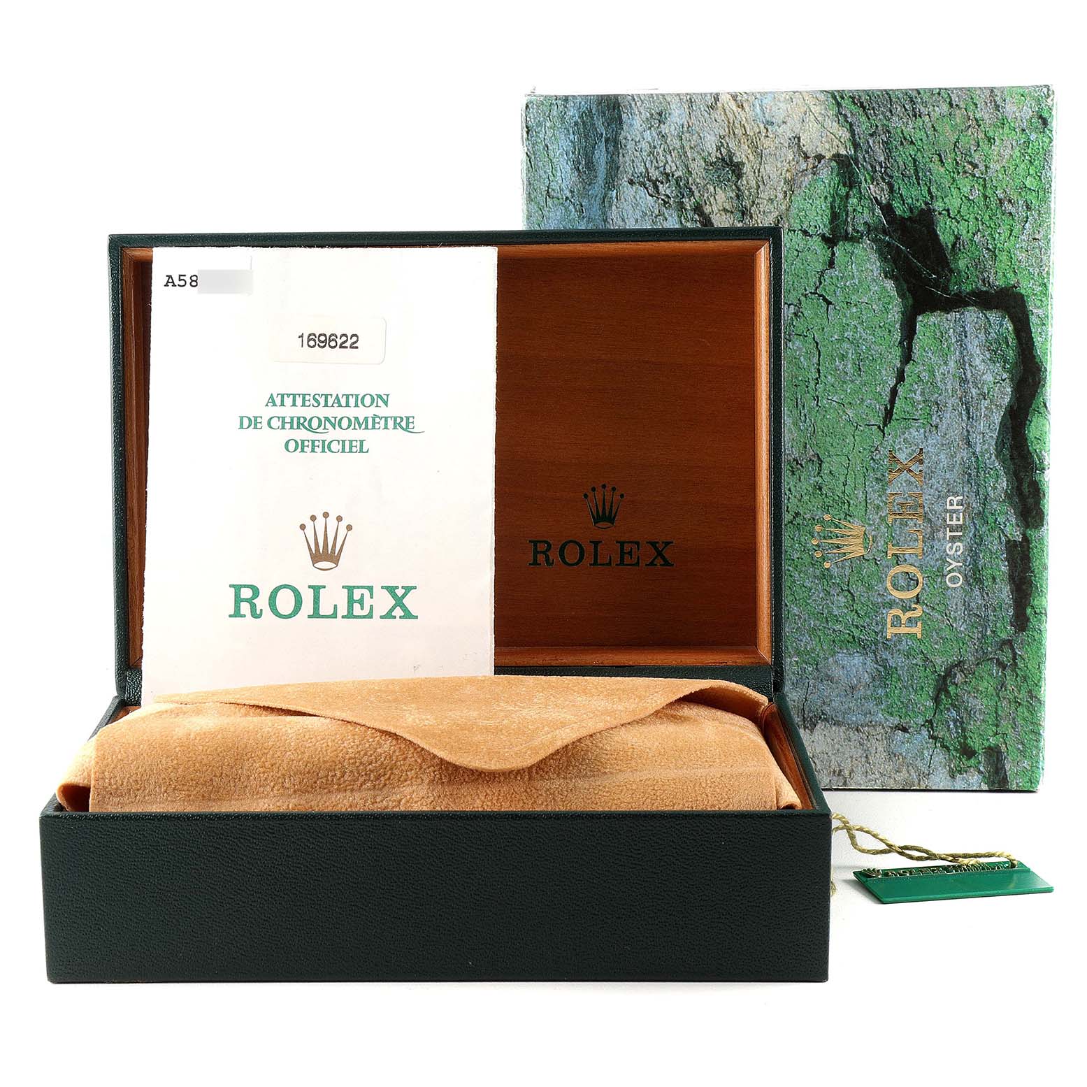 This image shows the packaging and certification for a Rolex Yacht-Master 169622 Women's Stainless Steel Silver Dial 169622 Women's Stainless Steel Silver Dial watch, including the box, documents, and a tag.