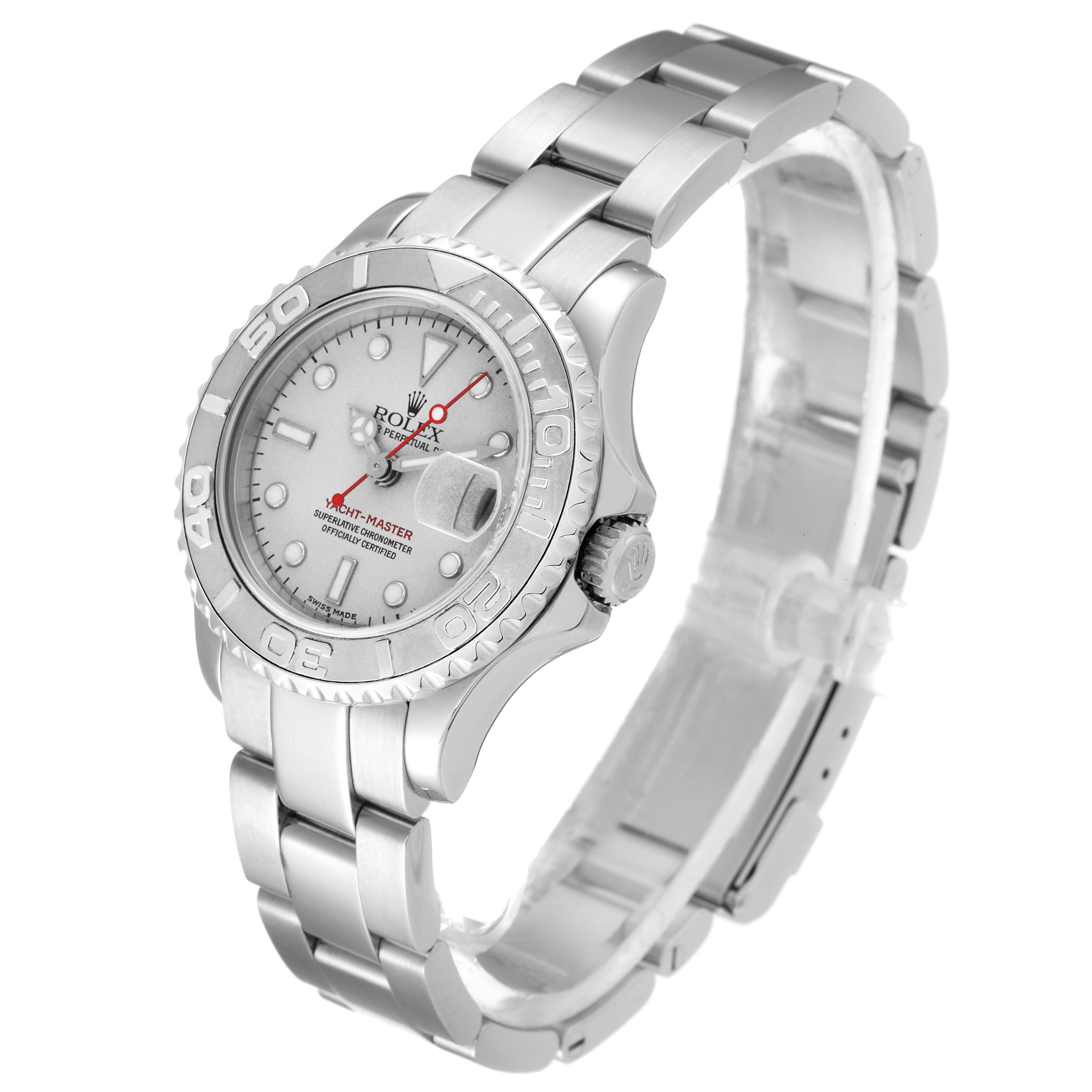 The Rolex Yacht-Master 169622 Women's Stainless Steel Silver Dial 169622 Women's Stainless Steel Silver Dial watch is shown from a three-quarter angle, displaying the face, bezel, crown, and bracelet.