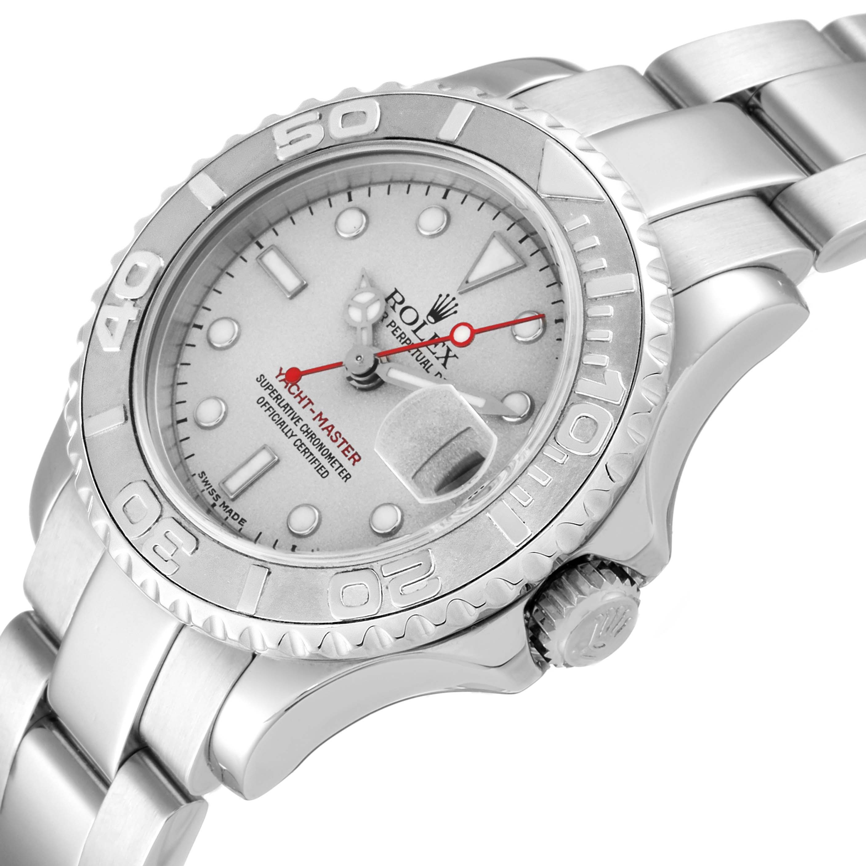 The image shows a close-up angle of the Rolex Yacht-Master 169622 Women's Stainless Steel Silver Dial 169622 Women's Stainless Steel Silver Dial watch, highlighting the dial, bezel, and part of the bracelet.