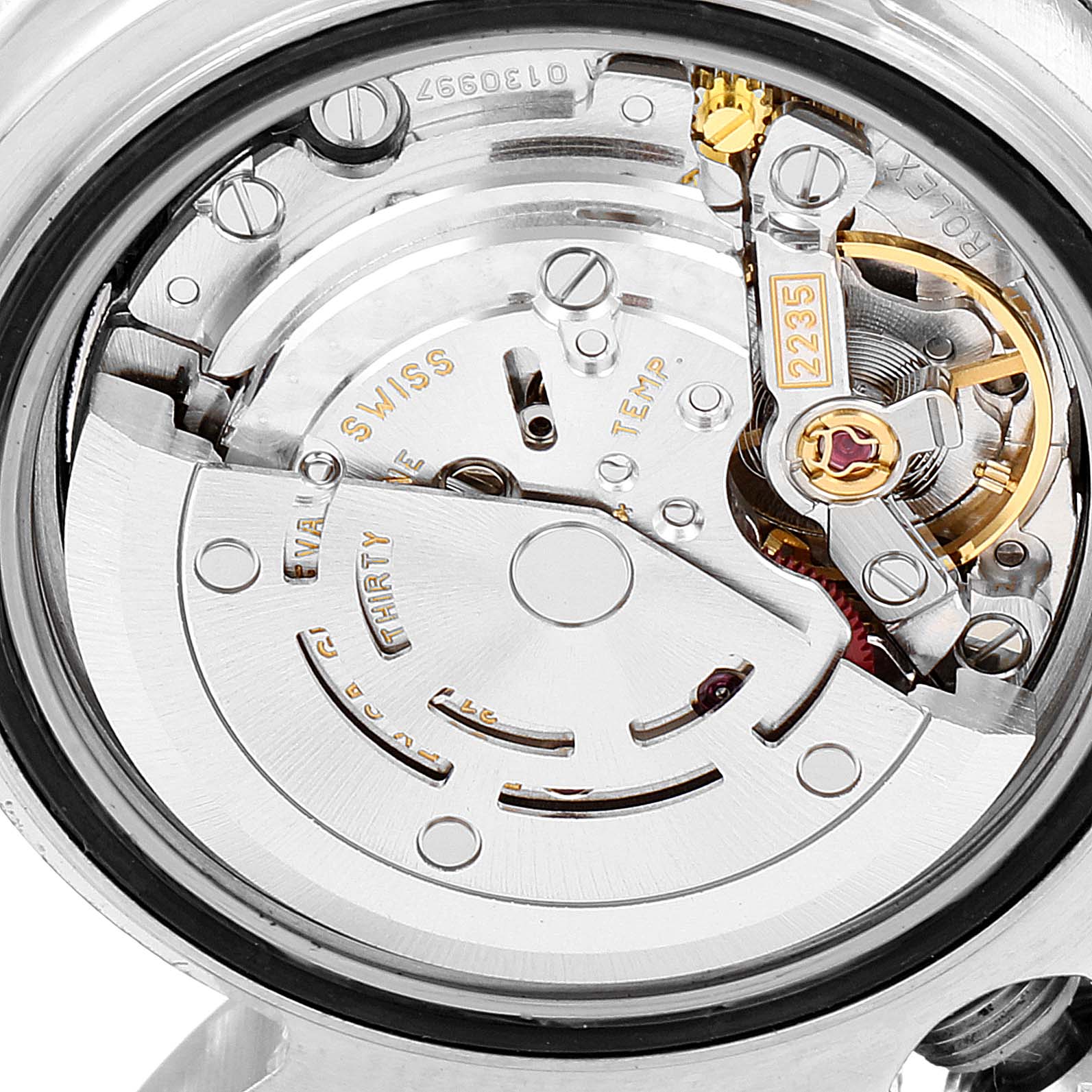 Close-up view of the Rolex Yacht-Master 169622 Women's Stainless Steel Silver Dial 169622 Women's Stainless Steel Silver Dial watch’s movement mechanism from the back.