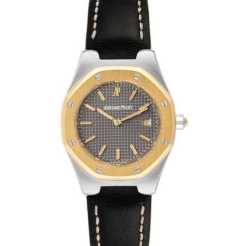 The image shows a front view of the Audemars Piguet Royal Oak  Women's Steel and Gold (two tone) Grey Dial  Women's Steel and Gold (two tone) Grey Dial watch, highlighting its dial, bezel, and black leather strap.
