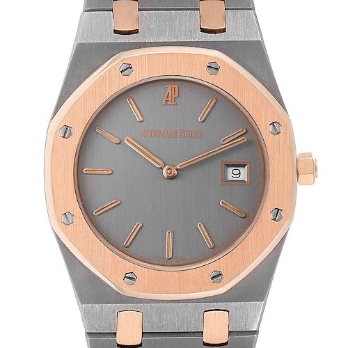 The image shows a front view of the Audemars Piguet Royal Oak 56175TR-OO-0789TR-01 Men's Steel and Gold (two tone) Black Dial 56175TR-OO-0789TR-01 Men's Steel and Gold (two tone) Black Dial watch, highlighting the dial, bezel, and part of the bracelet.