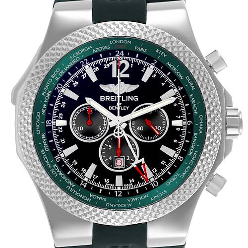 The Breitling Bentley A47362 Men's Stainless Steel Black Dial A47362 Men's Stainless Steel Black Dial watch is shown from a front angle, displaying its round dial, chronograph subdials, and green bezel with city names.