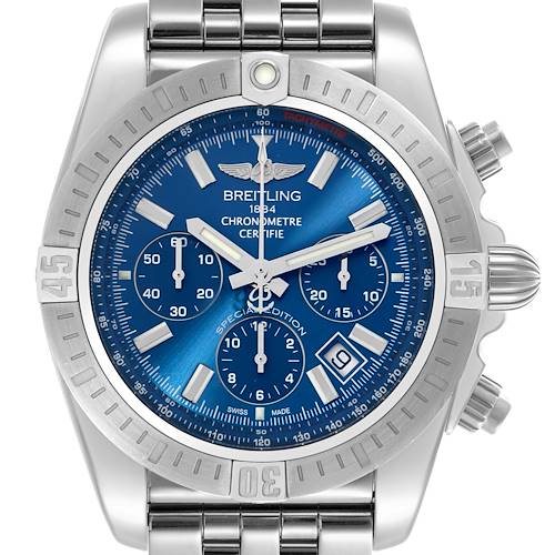 The Breitling Chronomat AB0115 Men's Stainless Steel Blue Dial AB0115 Men's Stainless Steel Blue Dial watch is shown from a frontal angle, highlighting the dial, bezel, and bracelet.