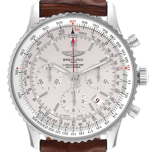 This image shows a Breitling Navitimer AB0123 Men's Stainless Steel Silver Dial AB0123 Men's Stainless Steel Silver Dial watch from the front angle, highlighting its dial, bezel, chronograph subdials, and date window.