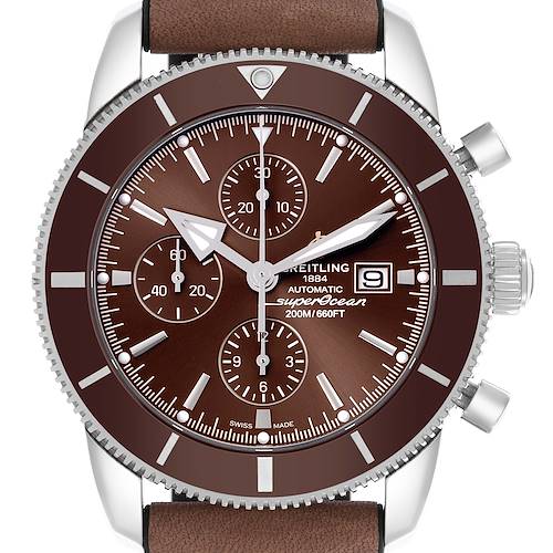 The Breitling Superocean A1331233/Q616 Men's Stainless Steel Brown Dial A1331233/Q616 Men's Stainless Steel Brown Dial watch is shown from the front, displaying the dial, bezel, pushers, and crown.
