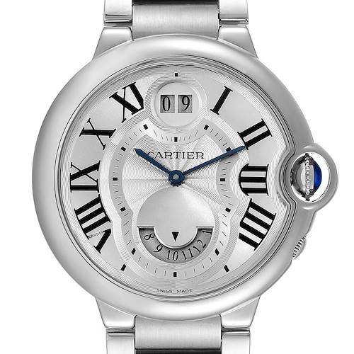 The image shows a close-up view of the face of a Ballon Bleu watch by Cartier, highlighting its Roman numerals and metallic finish.