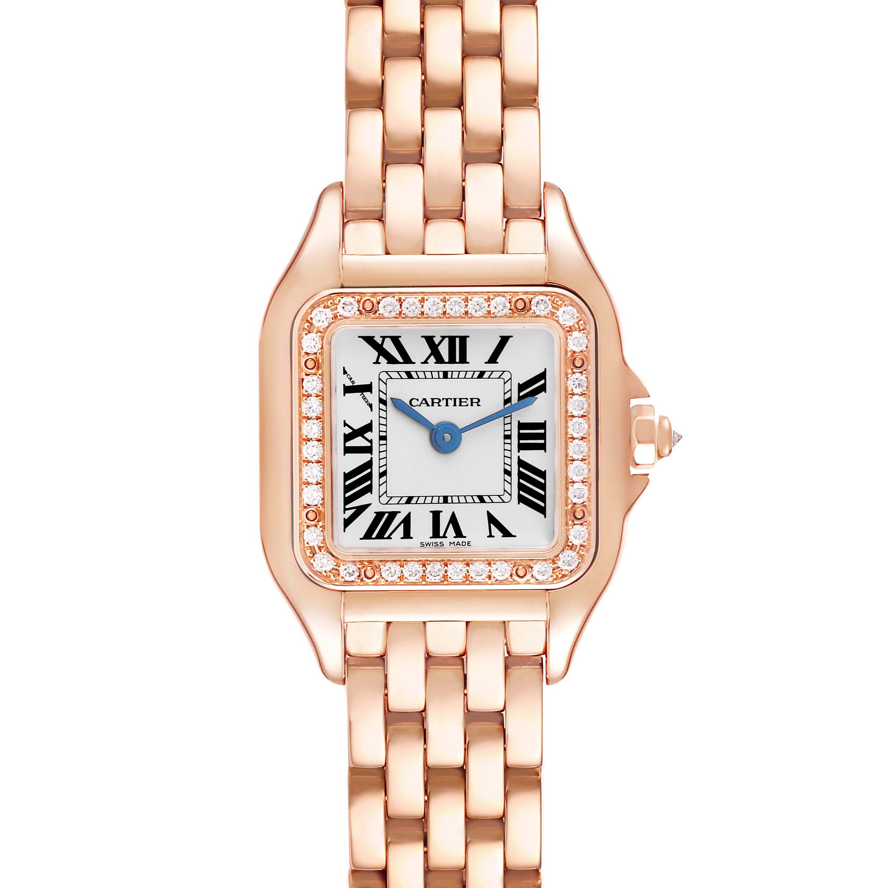 The Cartier Panthere WJPN0008 Women's Rose Gold Silver Dial WJPN0008 Women's Rose Gold Silver Dial watch is shown from the front, displaying its square face, Roman numerals, diamond bezel, and linked bracelet.