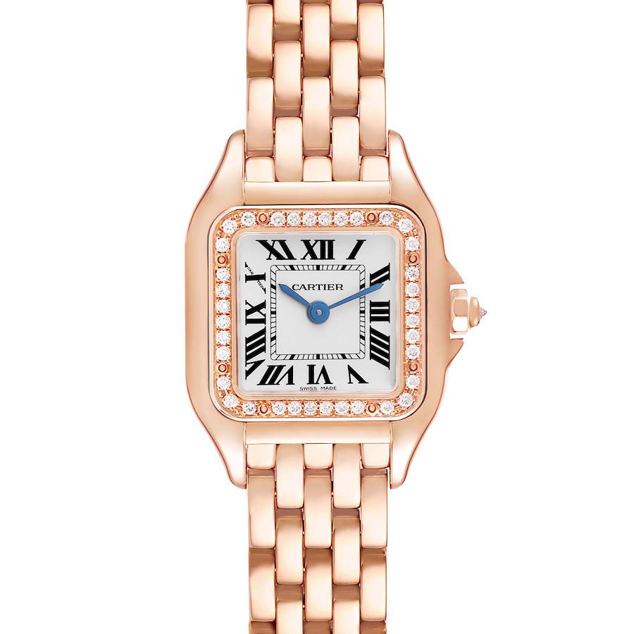 The Cartier Panthere WJPN0008 Women's Rose Gold Silver Dial WJPN0008 Women's Rose Gold Silver Dial watch is shown from the front, displaying its square face, Roman numerals, diamond bezel, and linked bracelet.