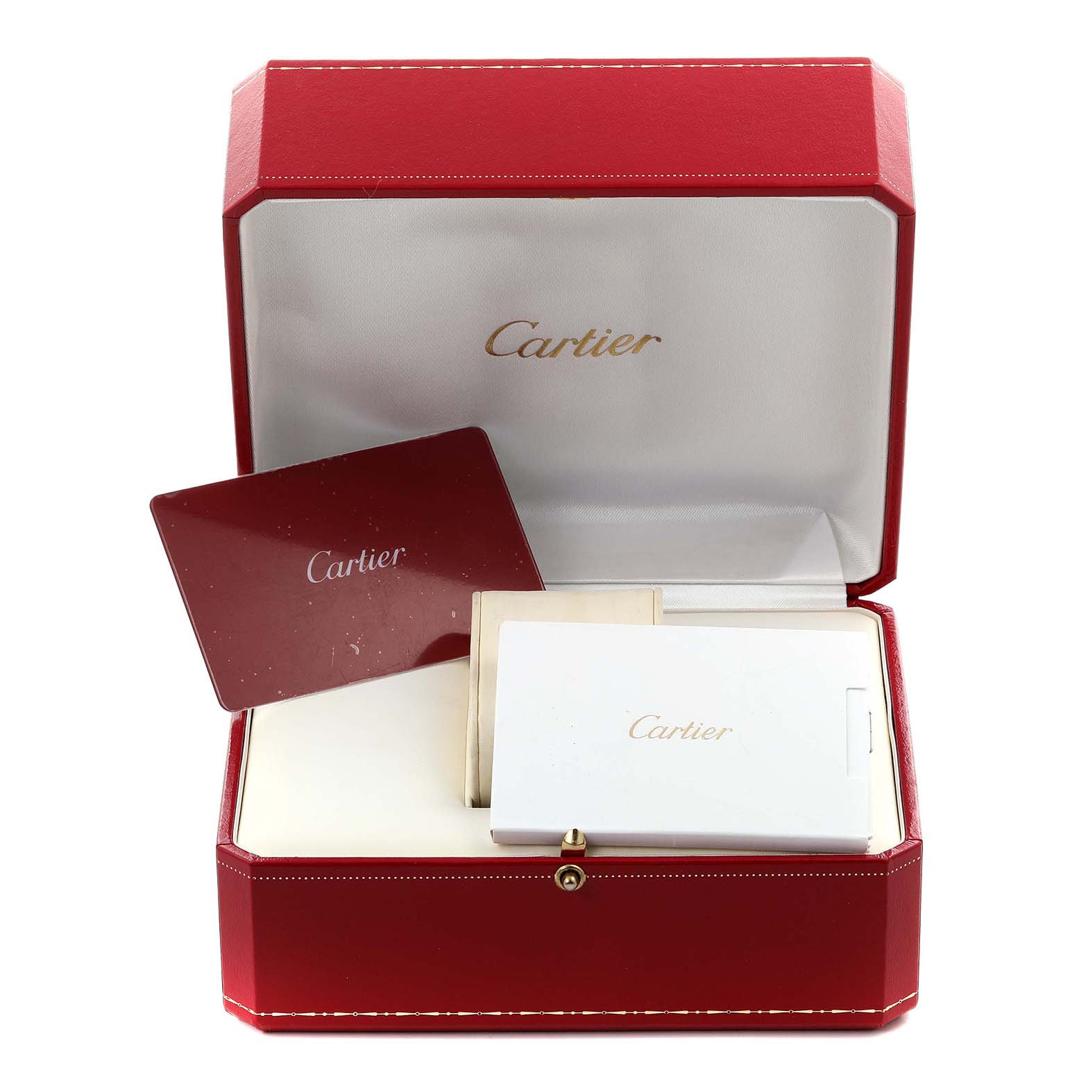 The image shows a Cartier Panthere WJPN0008 Women's Rose Gold Silver Dial WJPN0008 Women's Rose Gold Silver Dial watch's red box, with branded cards and documents inside.