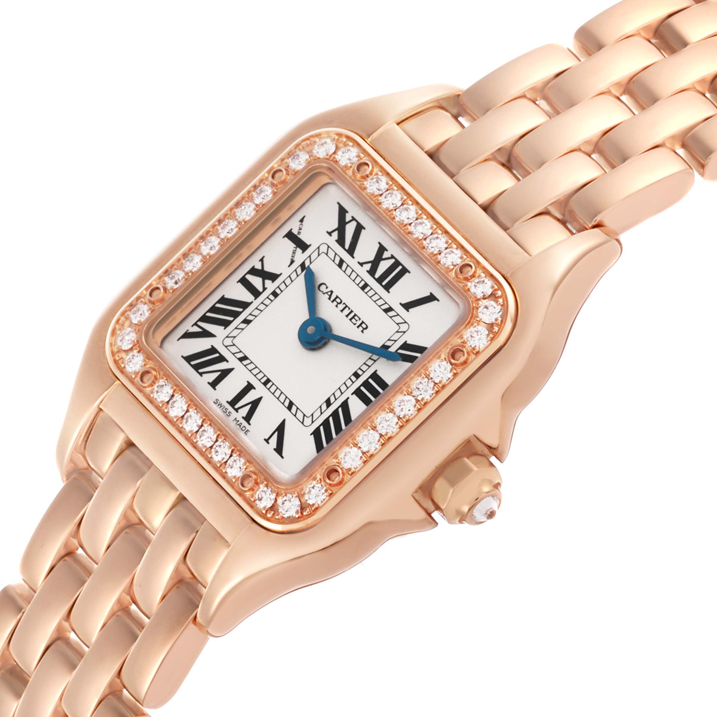 The Cartier Panthere WJPN0008 Women's Rose Gold Silver Dial WJPN0008 Women's Rose Gold Silver Dial watch is shown at an angled view highlighting the square face, diamond bezel, and rose gold bracelet.