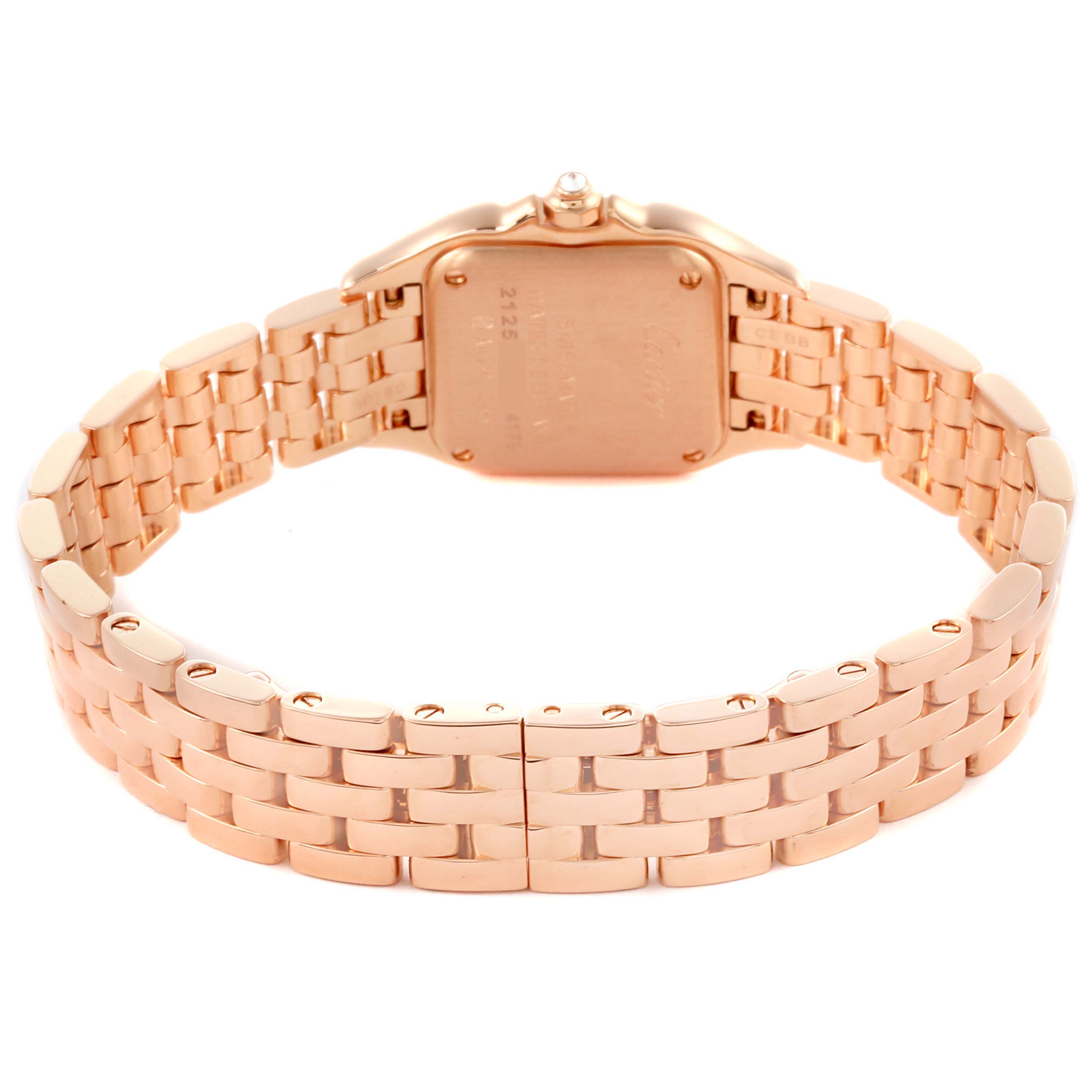 The Cartier Panthere WJPN0008 Women's Rose Gold Silver Dial WJPN0008 Women's Rose Gold Silver Dial watch is shown from the back, highlighting the case back and metal bracelet.