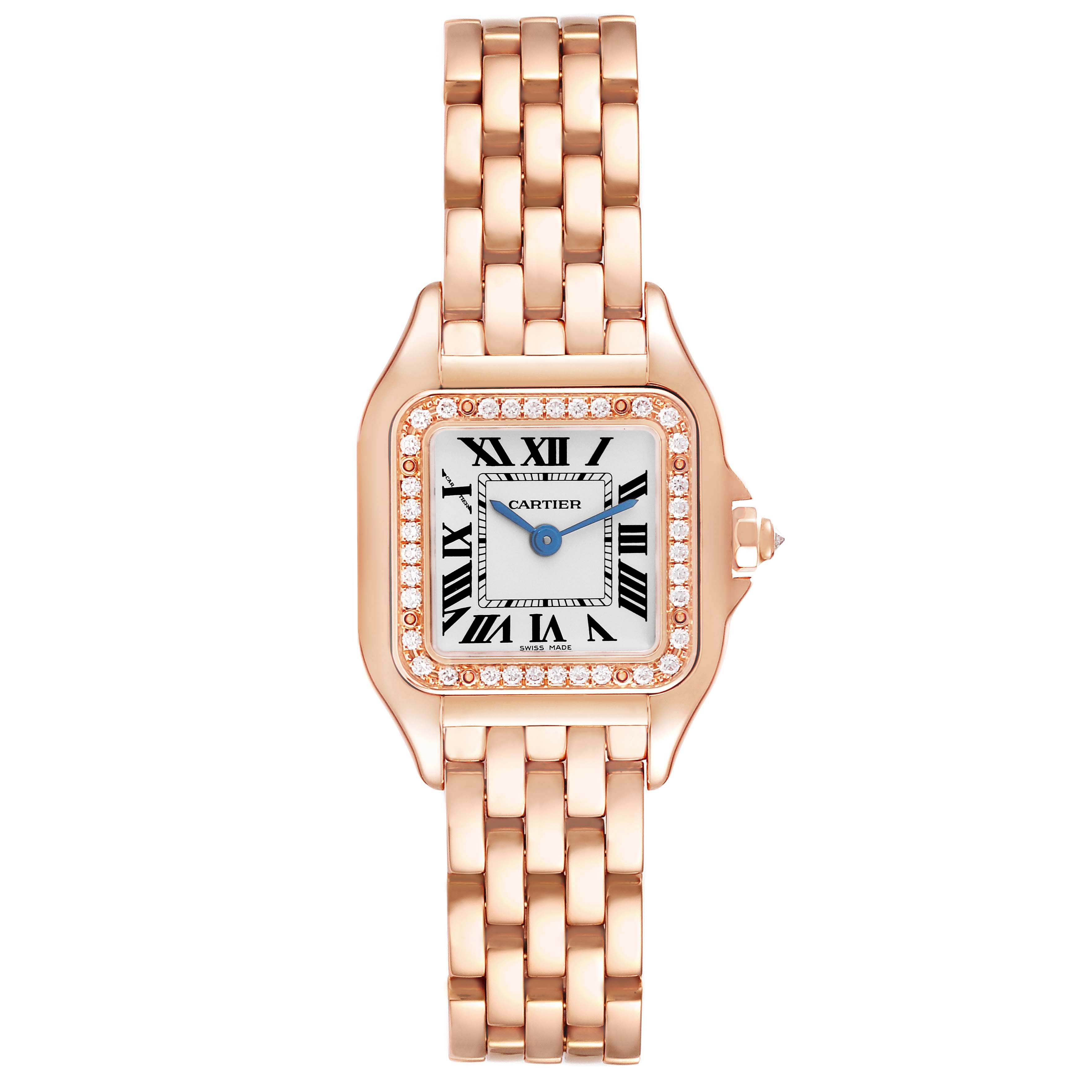 The image shows a Panthere de Cartier watch from a front view, highlighting its gold bracelet and diamond-encrusted bezel.