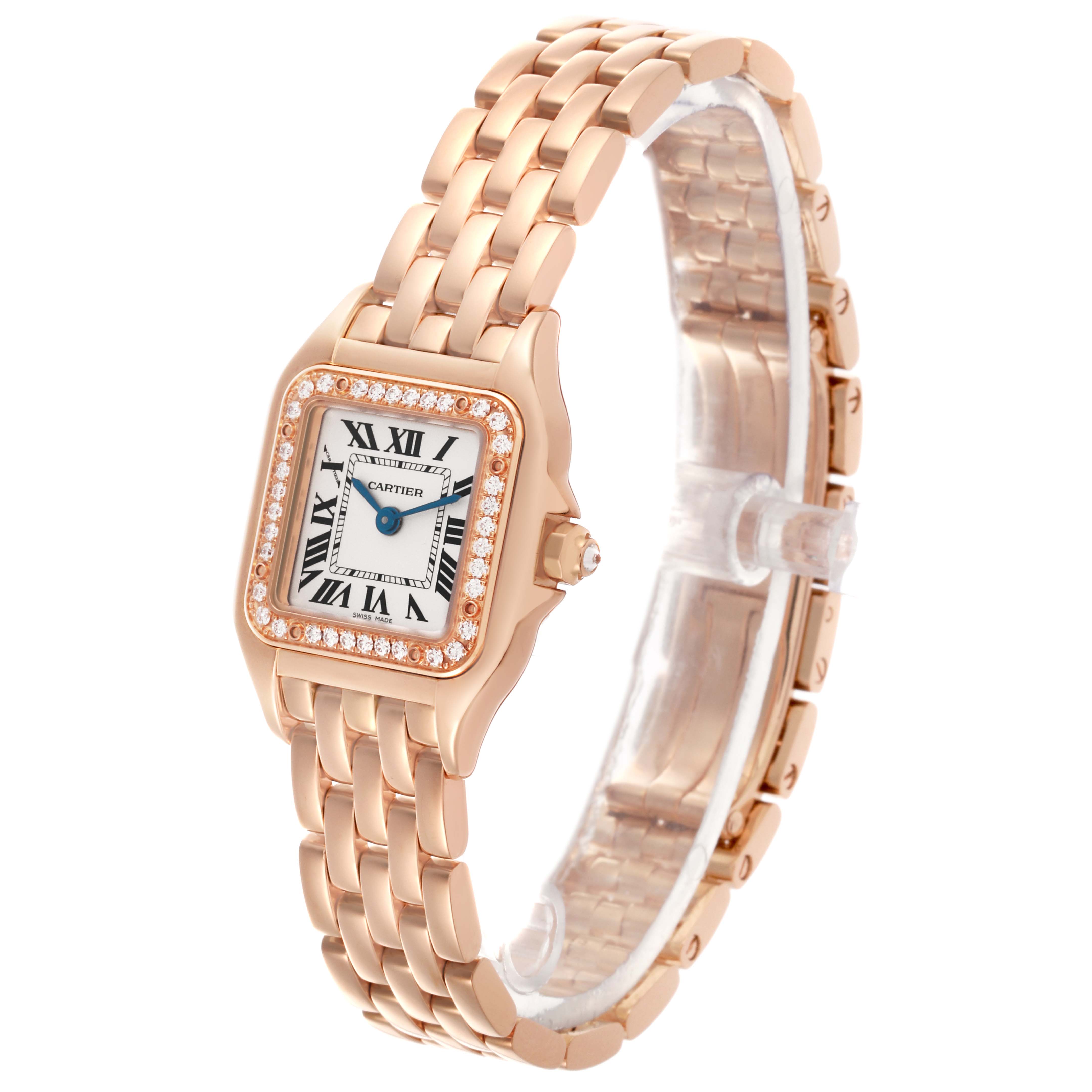 The Cartier Panthere WJPN0008 Women's Rose Gold Silver Dial WJPN0008 Women's Rose Gold Silver Dial watch is shown at an angled side view, featuring its face, bezel, and metal bracelet.