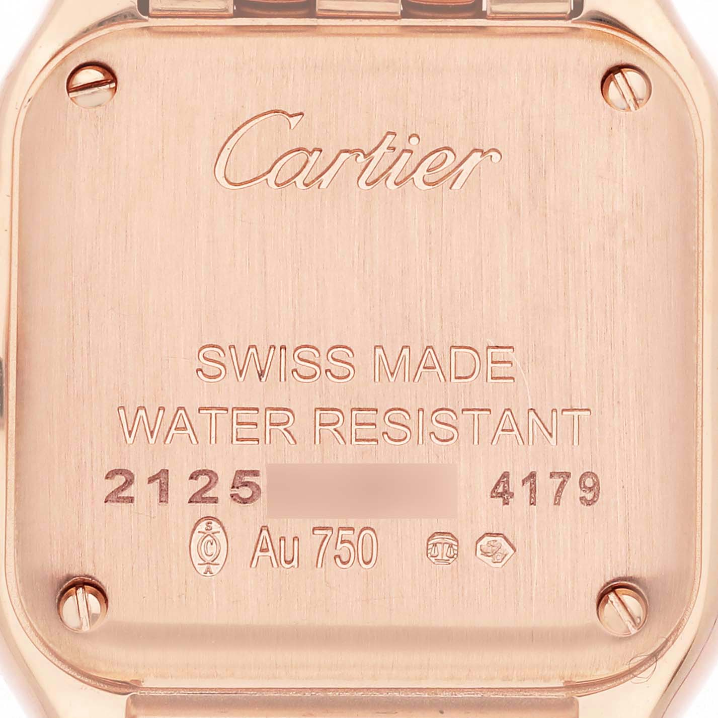 The image shows the back case of a Cartier Panthere WJPN0008 Women's Rose Gold Silver Dial WJPN0008 Women's Rose Gold Silver Dial watch, highlighting engravings and screws.