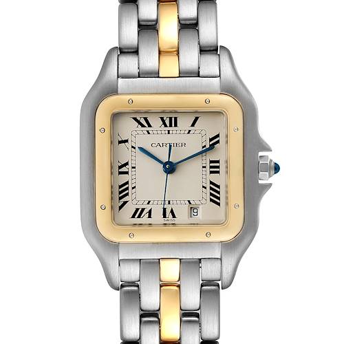 The image shows a front view of the Cartier Panthere W25028B5 Women's Steel and Gold (two tone) Silver Dial W25028B5 Women's Steel and Gold (two tone) Silver Dial watch, highlighting its rectangular dial and alternating gold and silver bracelet.