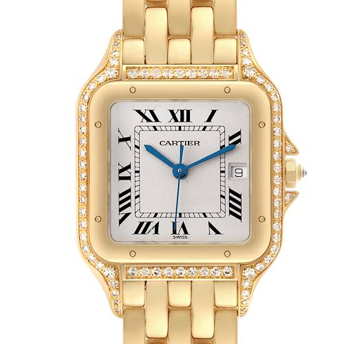 The Cartier Panthere 883969 Men's Yellow Gold Silver Dial 883969 Men's Yellow Gold Silver Dial watch is shown from a front angle, displaying its gold bracelet, diamond-set bezel, and Roman numeral dial.