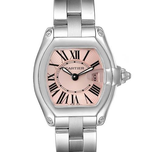 The Roadster model by Cartier is shown from the front, displaying its dial, Roman numerals, and stainless steel bracelet.