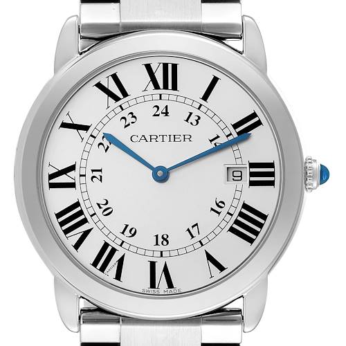 The Cartier Ronde W6701005 Men's Stainless Steel Silver Dial W6701005 Men's Stainless Steel Silver Dial watch is shown from the front, displaying its face, Roman numerals, blue hands, and date window.