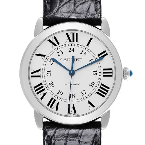 The Cartier Ronde WSRN0013 Men's Stainless Steel Silver Dial WSRN0013 Men's Stainless Steel Silver Dial watch is shown from a front angle, displaying the face, Roman numerals, hands, and part of the leather strap.
