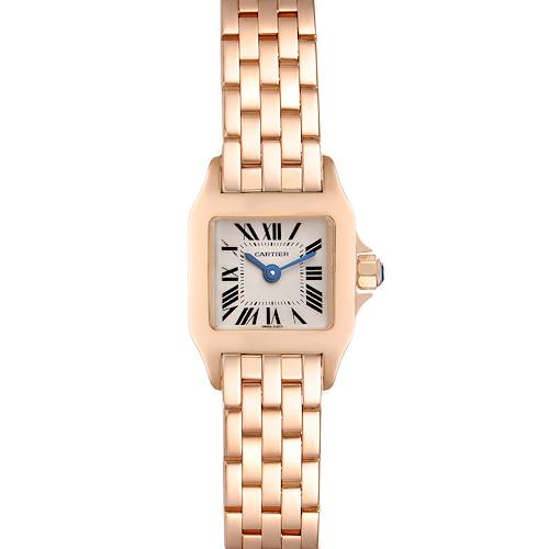 This image shows a Cartier Santos Demoiselle W25077X9 Women's Rose Gold Silver Dial W25077X9 Women's Rose Gold Silver Dial watch from a top view, featuring its face and linked bracelet.