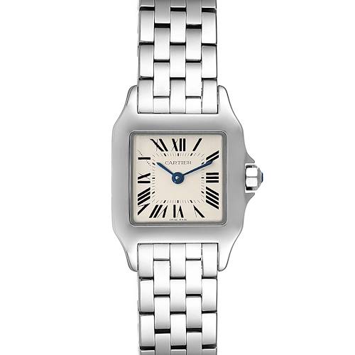 The image shows a frontal view of the Cartier Santos Demoiselle W25064Z5 Women's Stainless Steel Silver Dial W25064Z5 Women's Stainless Steel Silver Dial watch, displaying the face, bracelet, and crown.