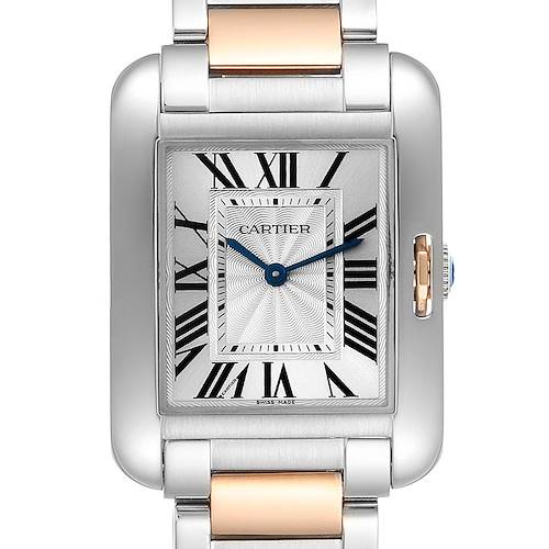 This image shows a front view of the Cartier Tank Anglaise W5310043 Women's Steel and Gold (two tone) Silver Dial W5310043 Women's Steel and Gold (two tone) Silver Dial watch, featuring its dial, hands, and part of the bracelet.
