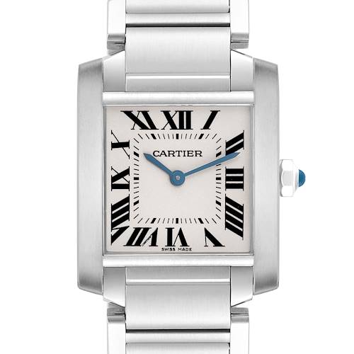 The Cartier Tank Francaise WSTA0005 Women's Stainless Steel Silver Dial WSTA0005 Women's Stainless Steel Silver Dial is shown from the front, displaying its square dial, Roman numerals, blue hands, and metal bracelet.