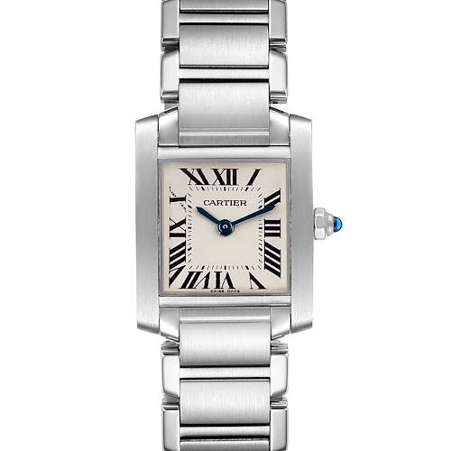 The image shows a front view of a Cartier Tank Francaise W51008Q3 Women's Stainless Steel Silver Dial W51008Q3 Women's Stainless Steel Silver Dial watch, highlighting its face, case, and metal bracelet.