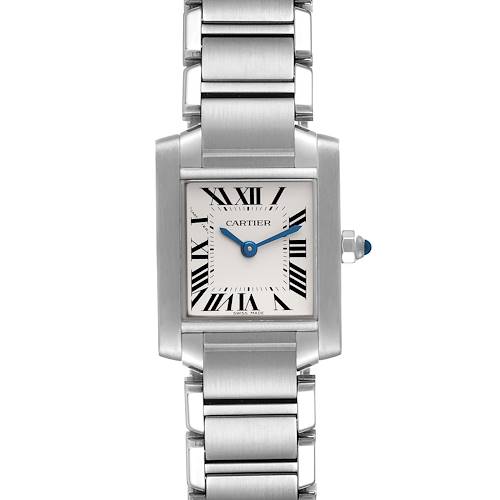 The image shows a front view of the Cartier Tank Francaise W51008Q3 Women's Stainless Steel Silver Dial W51008Q3 Women's Stainless Steel Silver Dial watch, highlighting its square face and metal link bracelet.