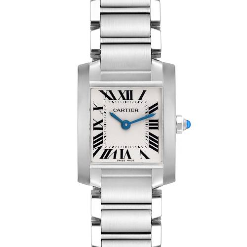 The Cartier Tank Française watch is shown from a front view, highlighting the face, bracelet, and crown.