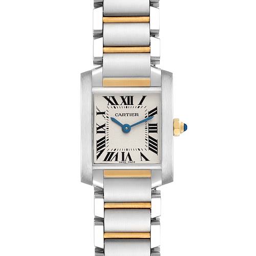 The Cartier Tank Francaise W51007Q4 Women's Steel and Gold (two tone) Silver Dial W51007Q4 Women's Steel and Gold (two tone) Silver Dial watch is shown from a front angle, displaying its rectangular face and metal bracelet.
