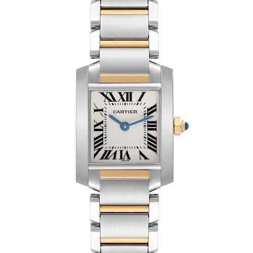 The Cartier Tank Francaise W51007Q4 Women's Steel and Gold (two tone) Silver Dial W51007Q4 Women's Steel and Gold (two tone) Silver Dial watch is shown from a front angle, displaying the face, hands, and part of the bracelet.