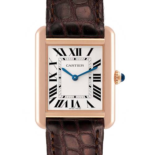 The image shows a front view of the Cartier Tank Solo W5200024 Women's Rose Gold Silver Dial W5200024 Women's Rose Gold Silver Dial watch featuring a rectangular case, Roman numerals, and a leather strap.