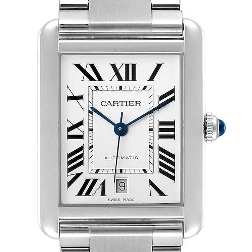 This Cartier Tank Solo W5200028 Men's Stainless Steel Silver Dial W5200028 Men's Stainless Steel Silver Dial watch is shown from the front, highlighting its rectangular dial, Roman numerals, and metal band.