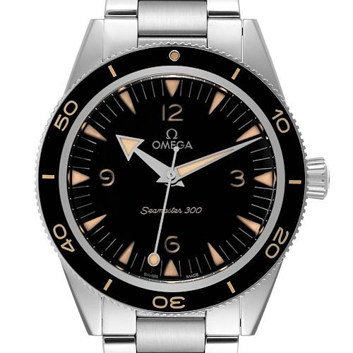 The Omega Seamaster 234.30.41.21.01.001 Men's Stainless Steel Black Dial 234.30.41.21.01.001 Men's Stainless Steel Black Dial 300 is shown from the front angle, displaying the face, bezel, crown, and part of the bracelet.