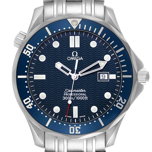 This image shows a front view of an Omega Seamaster 2541.80.00 Men's Stainless Steel Blue Dial 2541.80.00 Men's Stainless Steel Blue Dial watch, highlighting the dial, bezel, hands, and bracelet.