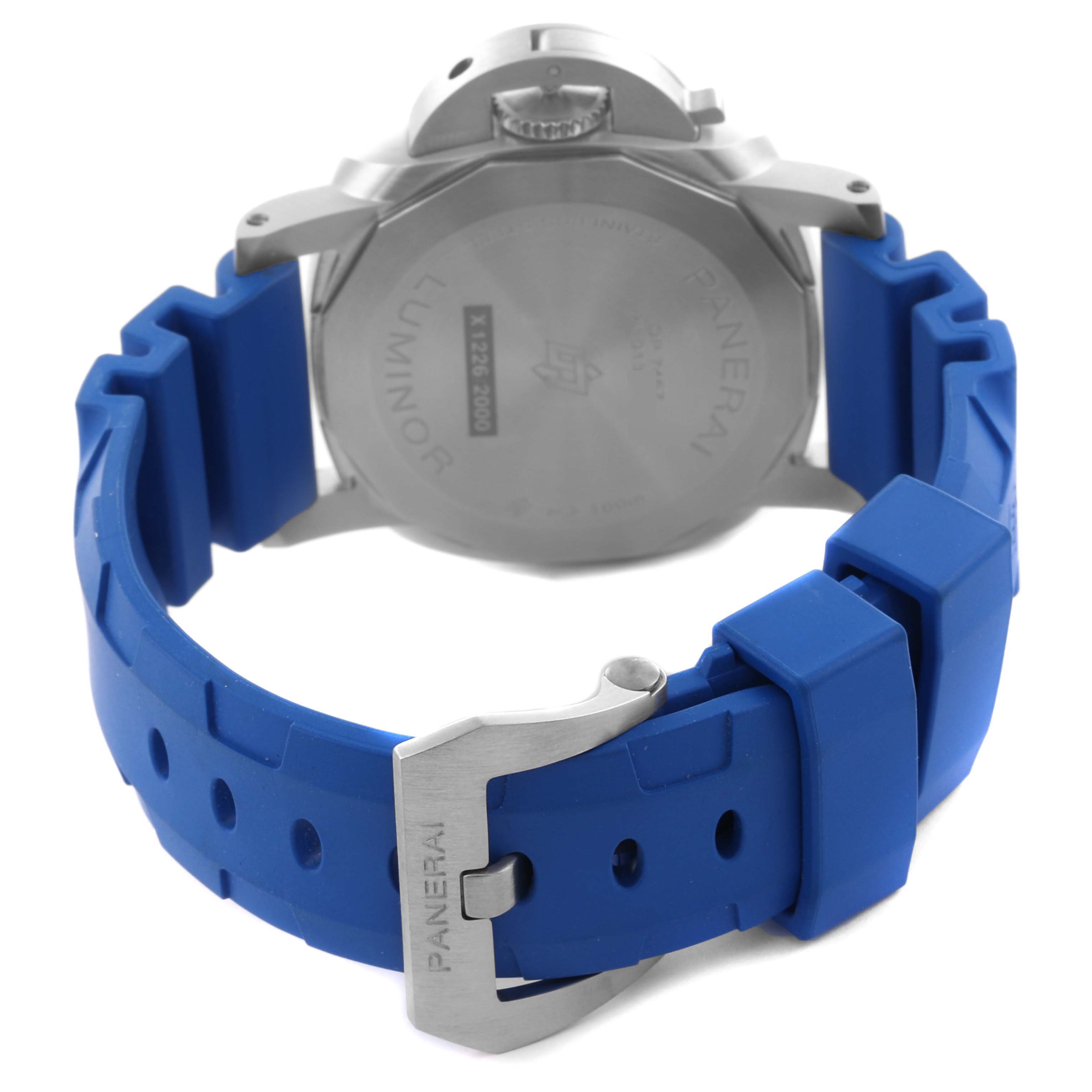 The image shows the back of a Panerai Luminor PAM01270 Men's Stainless Steel Blue Dial PAM01270 Men's Stainless Steel Blue Dial watch with a blue strap and buckle.