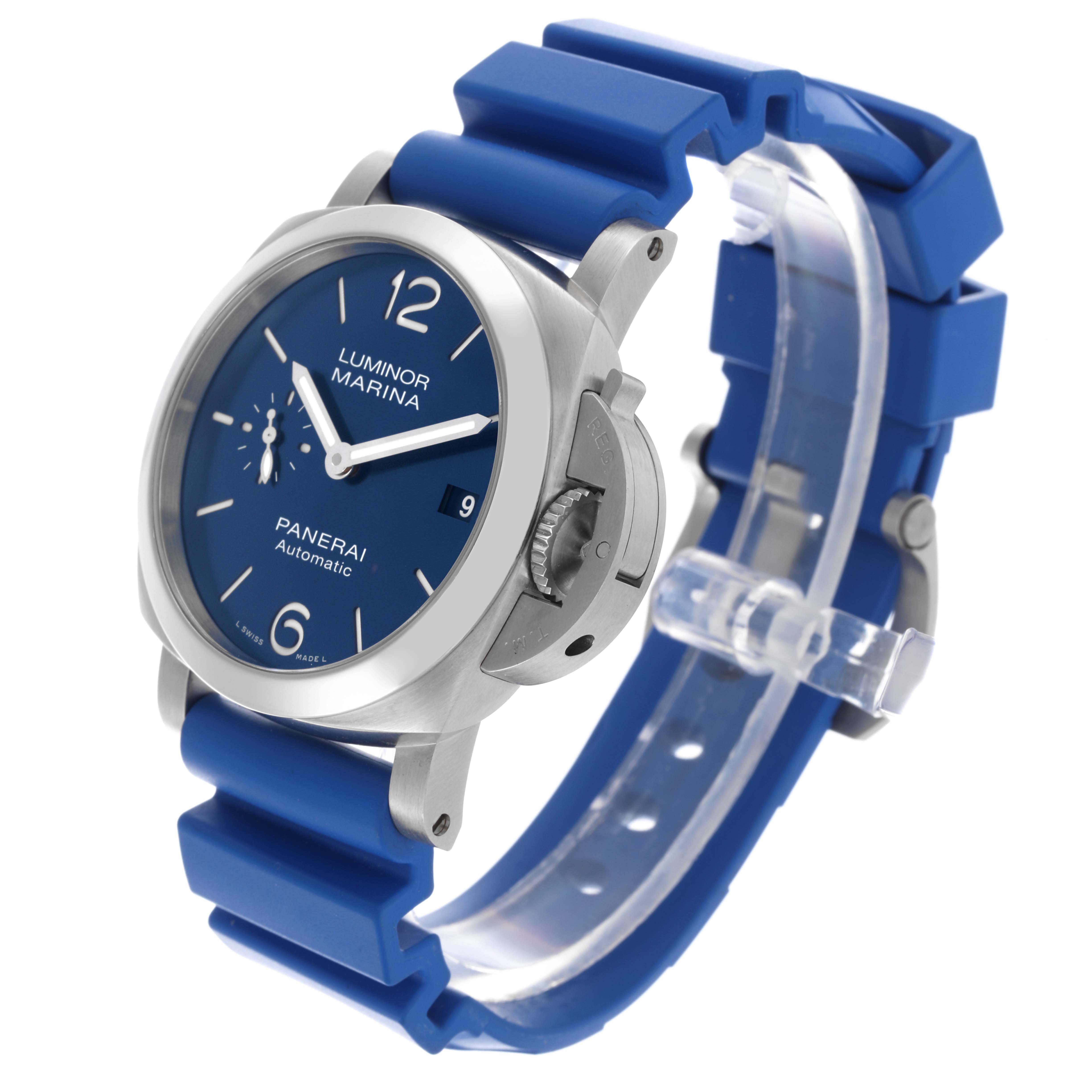 The Panerai Luminor PAM01270 Men's Stainless Steel Blue Dial PAM01270 Men's Stainless Steel Blue Dial model is shown at a three-quarter angle, highlighting the dial, crown guard, and blue strap.