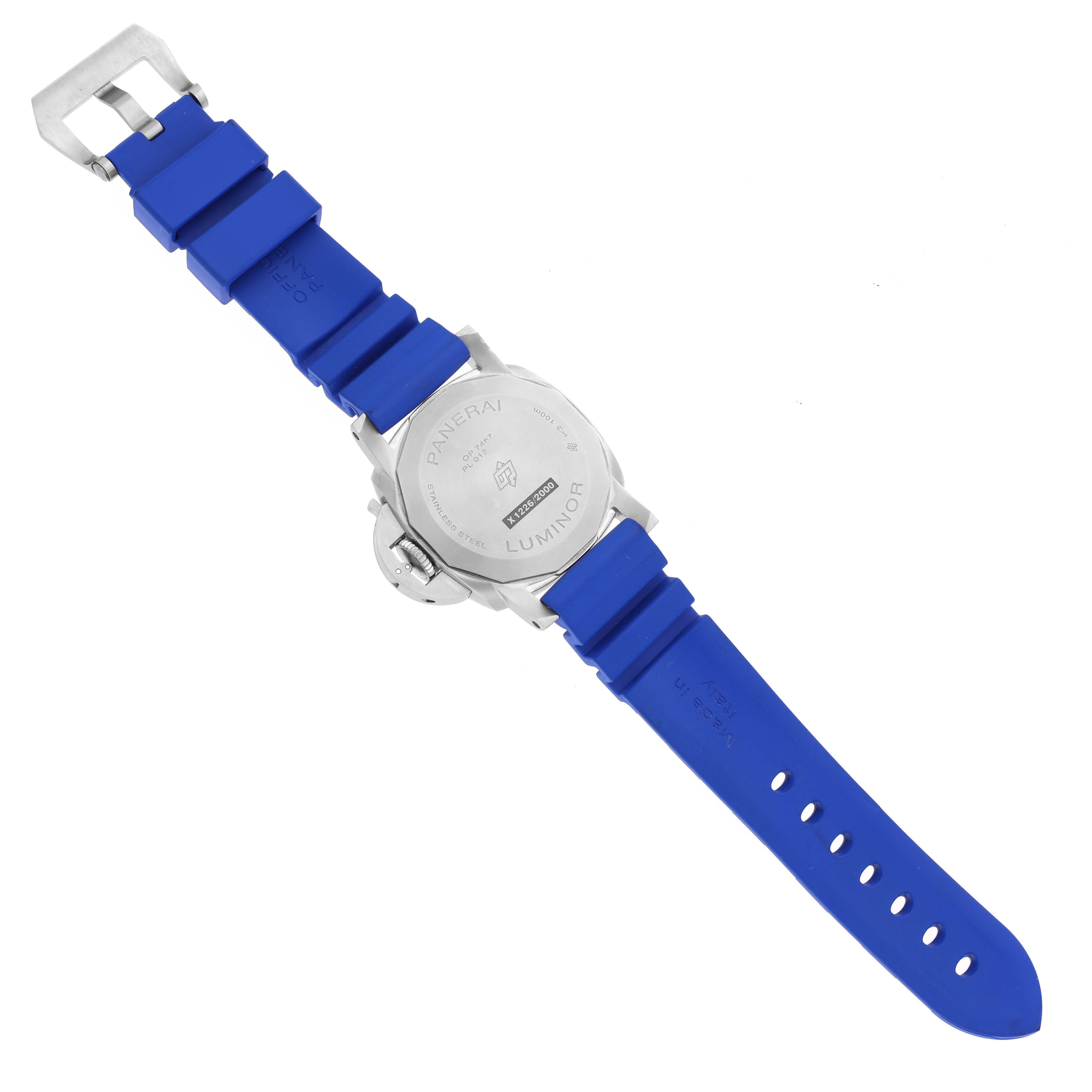 The image shows the back of the Panerai Luminor PAM01270 Men's Stainless Steel Blue Dial PAM01270 Men's Stainless Steel Blue Dial watch with a blue rubber strap and buckle.