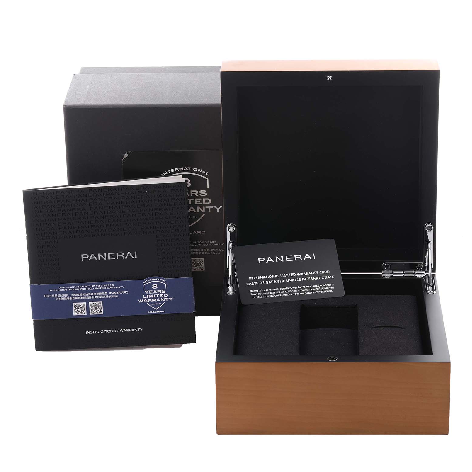 The image shows a Panerai Luminor PAM01270 Men's Stainless Steel Blue Dial PAM01270 Men's Stainless Steel Blue Dial watch box open with warranty cards and manuals displayed.