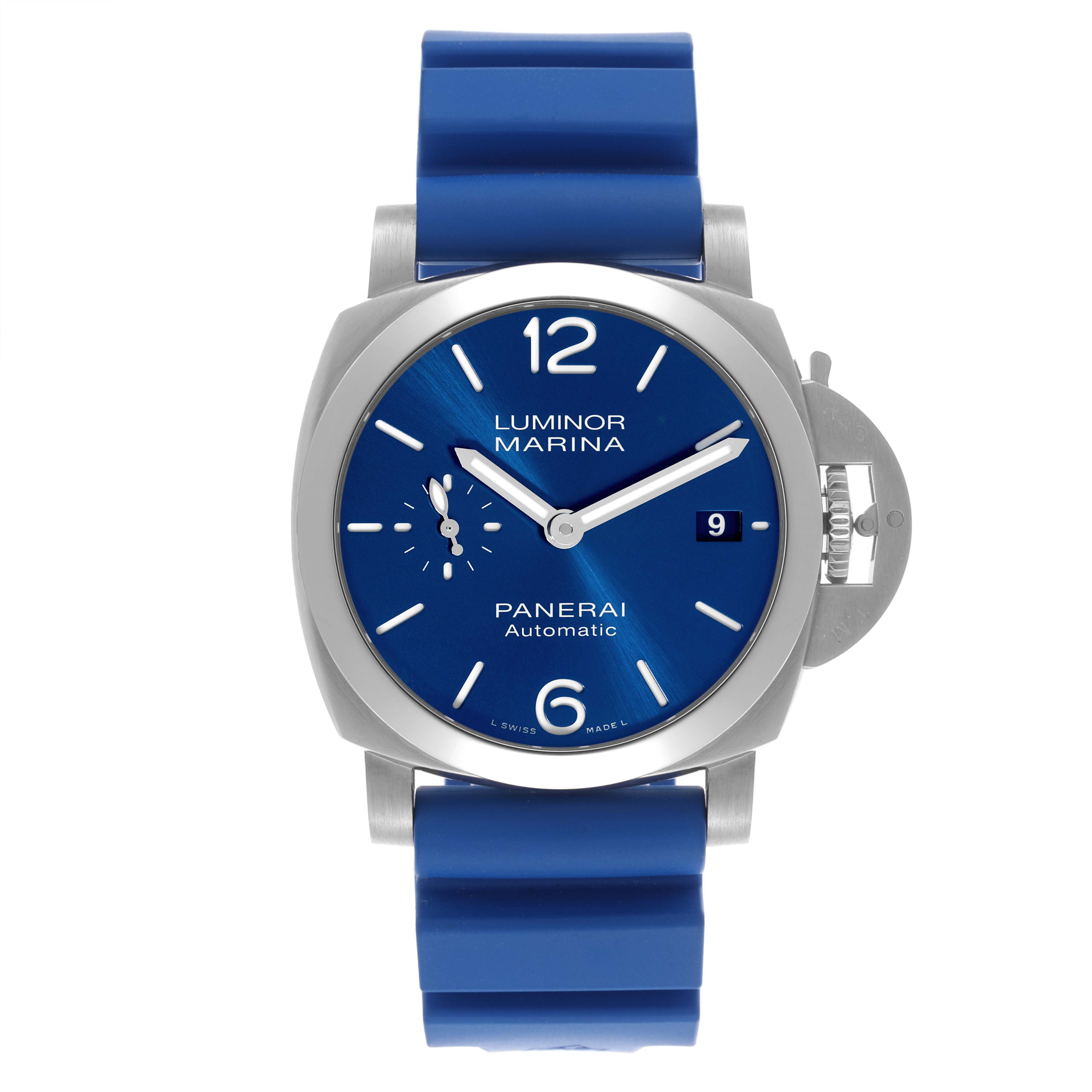 The Panerai Luminor PAM01270 Men's Stainless Steel Blue Dial PAM01270 Men's Stainless Steel Blue Dial watch is shown from the front, highlighting its blue dial, crown guard, and blue strap.