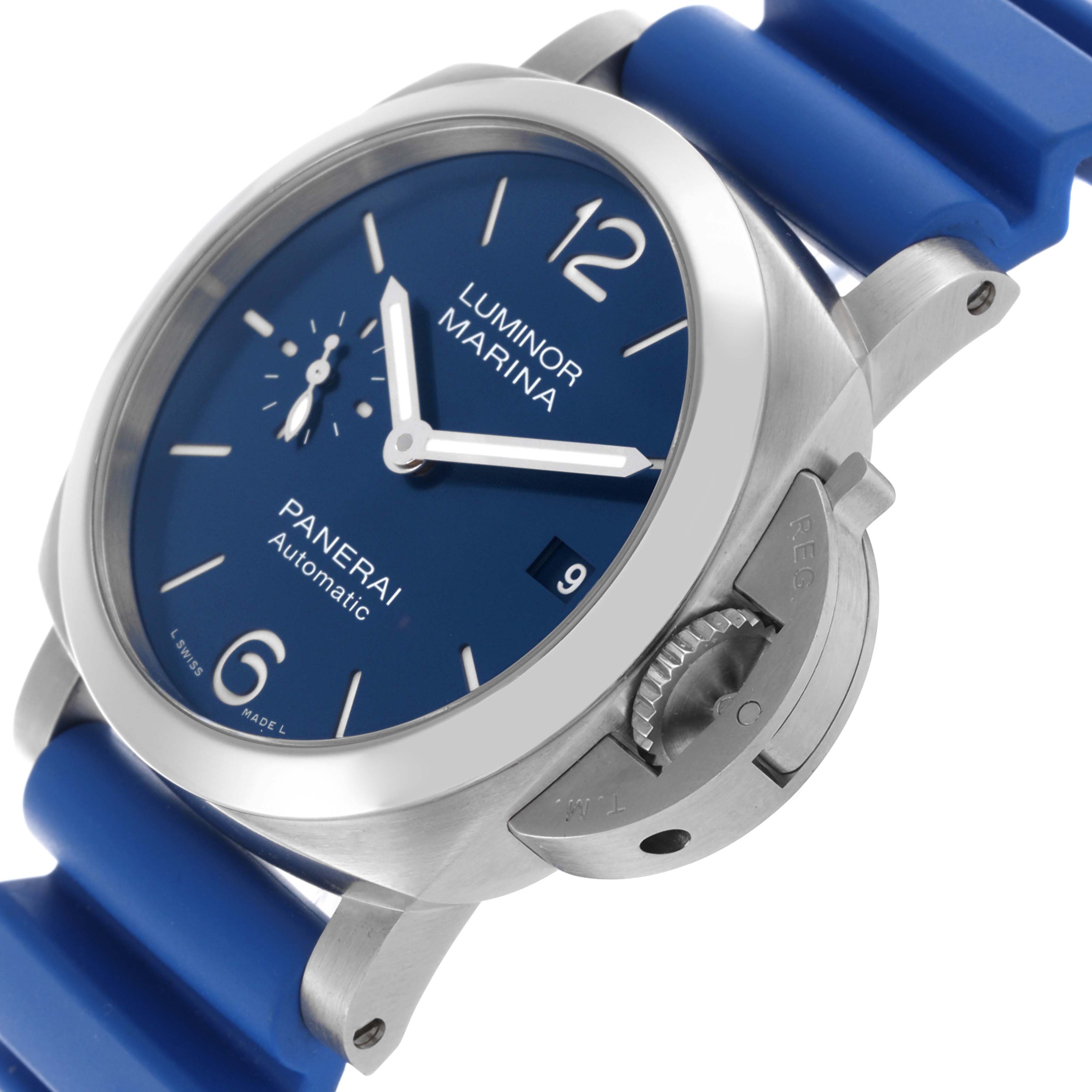 The Panerai Luminor PAM01270 Men's Stainless Steel Blue Dial PAM01270 Men's Stainless Steel Blue Dial watch is shown at an angled close-up, highlighting the blue dial, crown guard, and blue strap.