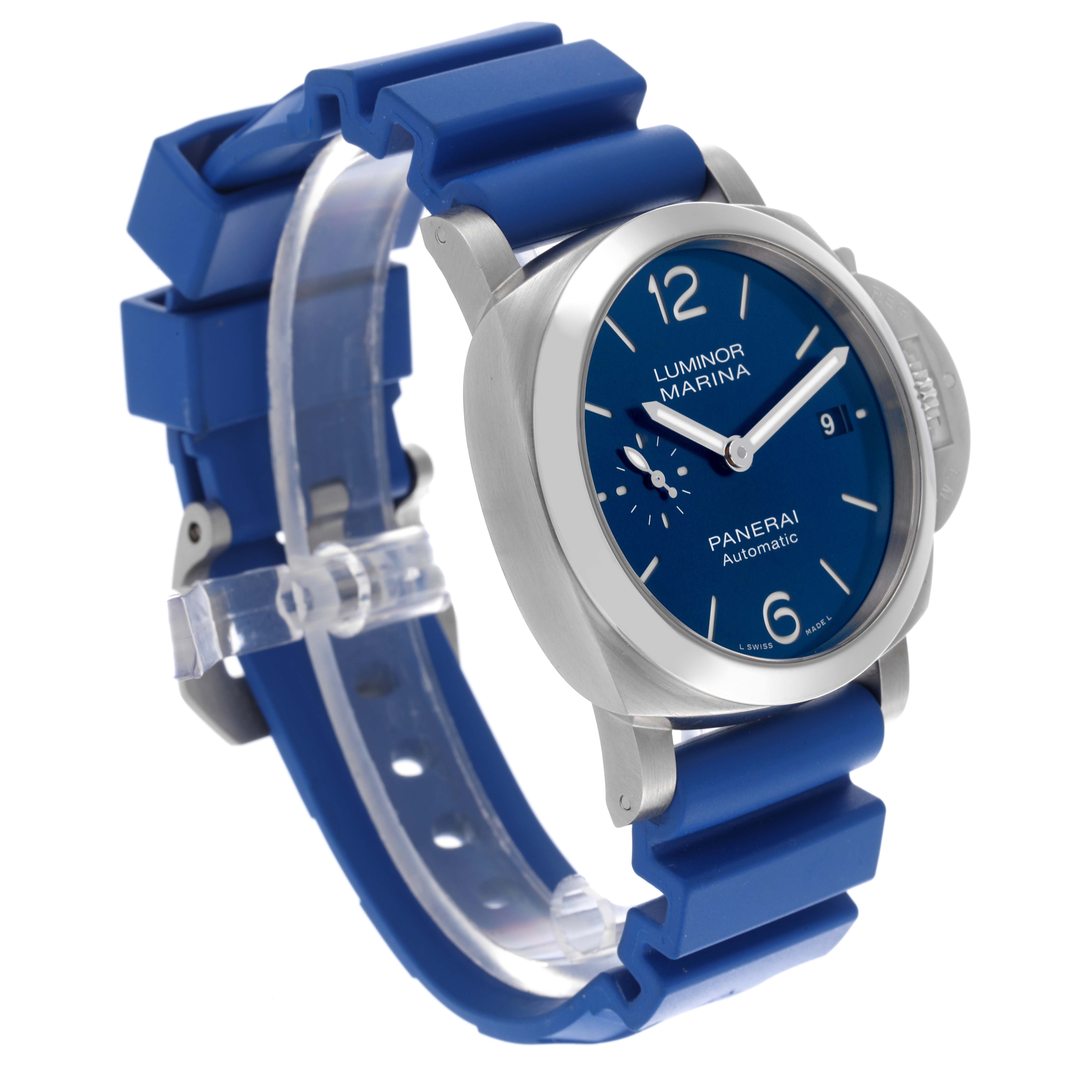 The Panerai Luminor PAM01270 Men's Stainless Steel Blue Dial PAM01270 Men's Stainless Steel Blue Dial watch is shown at a slight angle, highlighting its face, crown guard, and blue rubber strap.