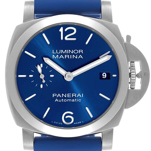 The Panerai Luminor PAM01270 Men's Stainless Steel Blue Dial PAM01270 Men's Stainless Steel Blue Dial watch is shown from the front, highlighting the blue dial, numerals, hands, date, and crown guard.