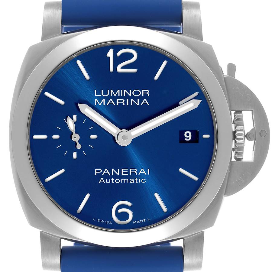 The Panerai Luminor PAM01270 Men's Stainless Steel Blue Dial PAM01270 Men's Stainless Steel Blue Dial watch is shown from a front angle, highlighting the blue dial, date window, and unique crown guard.
