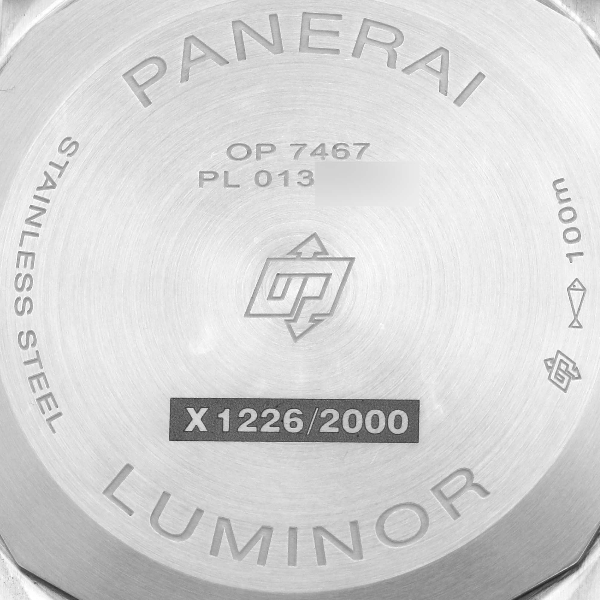 The image shows the case back of a Panerai Luminor PAM01270 Men's Stainless Steel Blue Dial PAM01270 Men's Stainless Steel Blue Dial watch, highlighting engravings and branding.