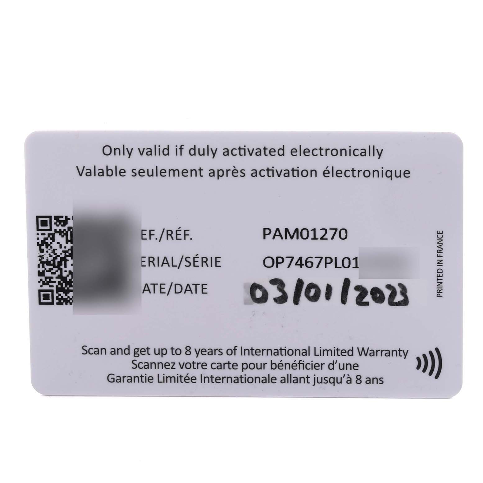 This image shows a warranty card for the Panerai Luminor PAM01270 Men's Stainless Steel Blue Dial PAM01270 Men's Stainless Steel Blue Dial model, displaying reference, serial number, and activation details.